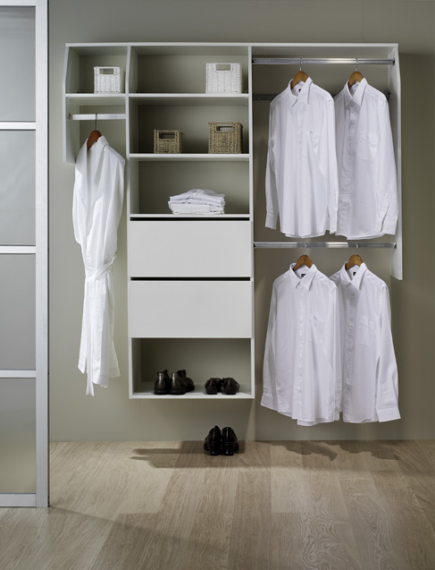 White Melamine ClosetPro wardrobe with hanging shirts