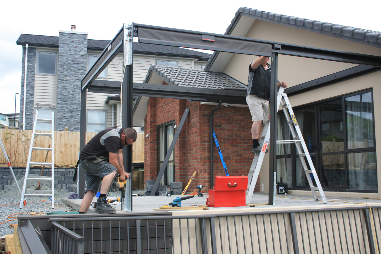 Bask Louvre Roof installation drop down awnings and fitting post base